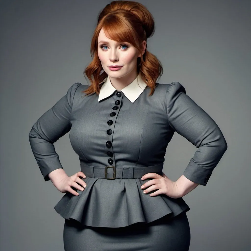 Prompt: Bryce Dallas Howard a overweight bbw chubby fat secretary, wearing dress suit with a skirt outfit, giant bouffant beehive hairstyle, makeup, photo style, detailed face, full body