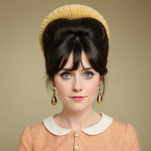 Prompt: zooey deschanel dressed as a 1960's woman with big bouffant beehive hair