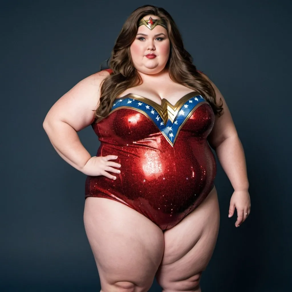 Prompt: fat Wonder Woman, chubby body, plump bbw, long hair, big chest, wearing a sparkly jumpsuit