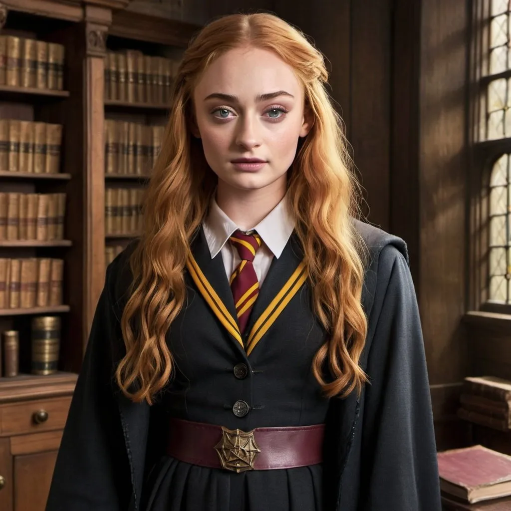 Prompt: sophie turner dressed as Hermione Granger

