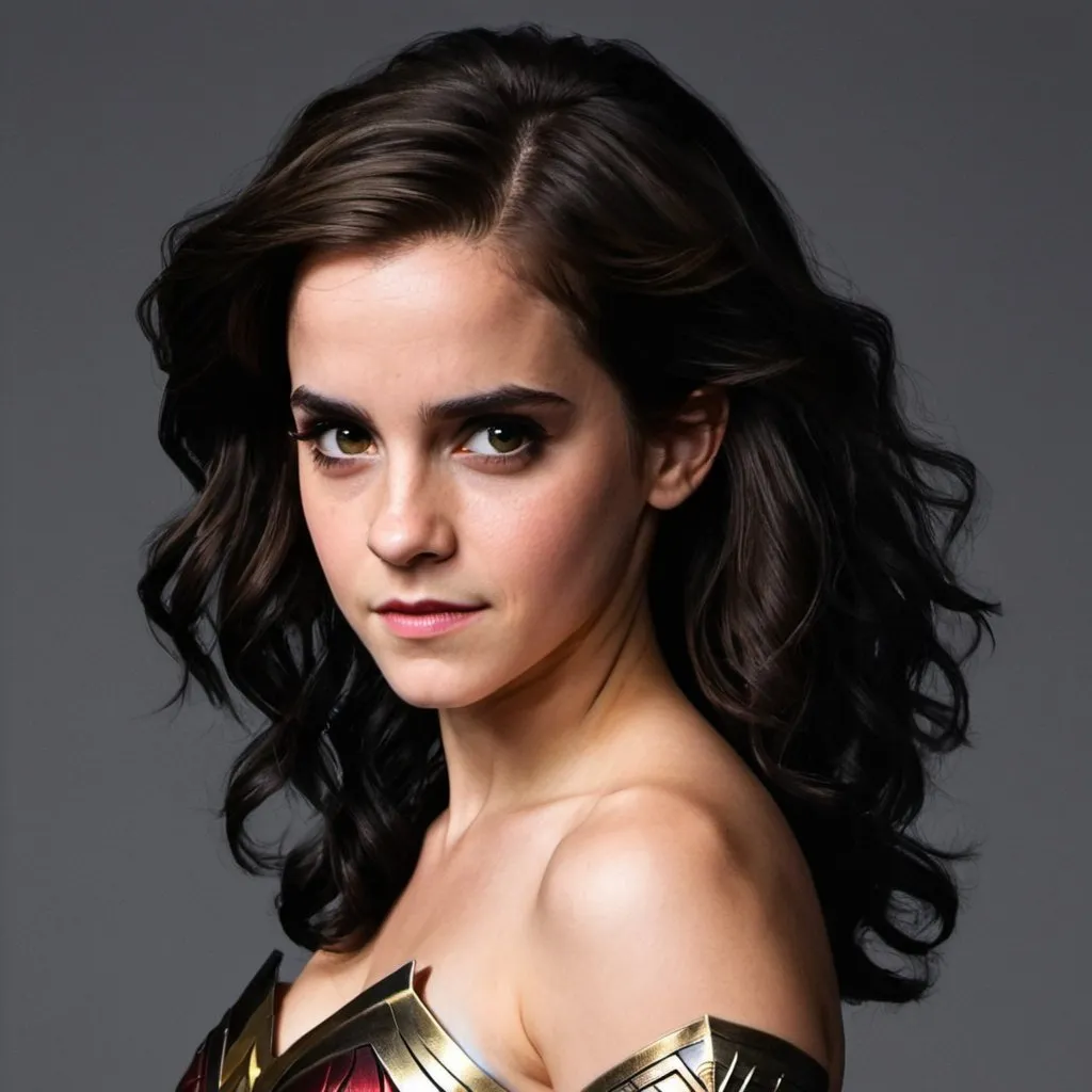 Prompt: Emma Watson dressed as Wonder Woman  with big bouffant black hair