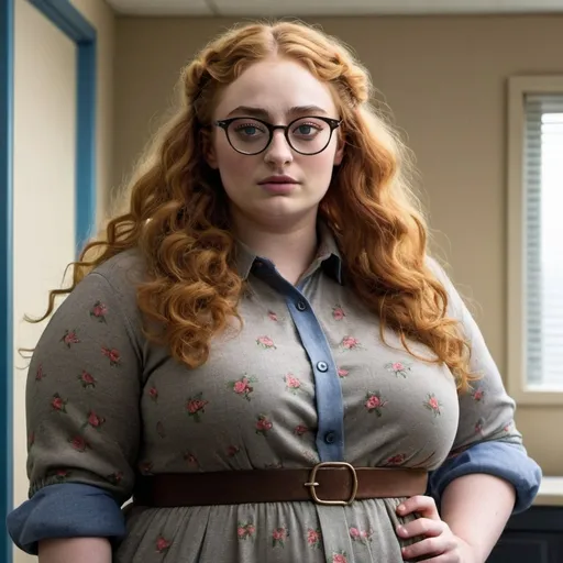 Prompt: full body photo SOPHIE TURNER dressed as a chubby nerdy woman with frizzy curly hair and glasses