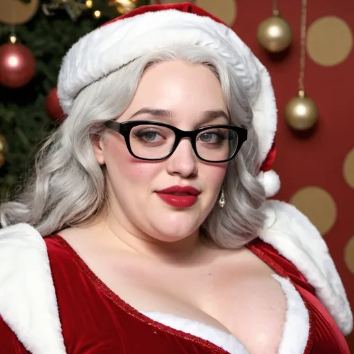 Prompt: Kat Dennings dressed as bbw chubby mrs claus Woman, white hair, glasses