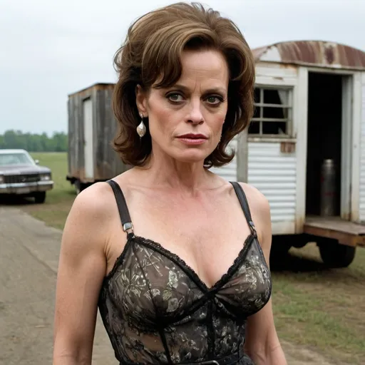 Prompt: Sigourney Weaver, an iconic figure in cinematic history, transformed into a trashy redneck woman with a flair for the unexpected. Her once recognizable features are almost unidentifiable under a thick layer of over-the-top makeup that accentuates her sunken cheekbones and a heavy smoky eye look. Her hair, typically a sleek and sophisticated brunette, has been replaced by a messy, bleach-blonde updo that appears to have seen better days. Strands fall haphazardly around her face, creating a stark contrast with her usually polished demeanor. She's decked out in a revealing, tattered floral dress that clings to her body in all the wrong places, paired with fishnet stockings and worn-out stiletto boots that scream 'fashion gone rural'. A cigarette dangles from her lips, and a beer can is held loosely in her hand, hinting at a wild night that's either just begun or is on its last legs. In the background, there's a dilapidated trailer park, with neon lights flickering in the distance and a rusty pickup truck adorned with a confederate flag bumper sticker. The scene is chaotic yet strangely alluring, with a mix of glamour and grit that captures the essence of a character that's both out of place and eerily fitting in this unlikely setting. Sigourney's expression is a blend of amusement and defiance, as if she's fully embraced this ludicrous transformation and is daring the viewer to judge her. Her posture is that of a woman who knows she's being watched but doesn't care, leaning against a broken fence post with one hand on her hip. The overall effect is a bizarre mashup of high-class Hollywood meets low-budget trailer park chic, leaving the audience intrigued by this unconventional portrayal of such a revered actress.