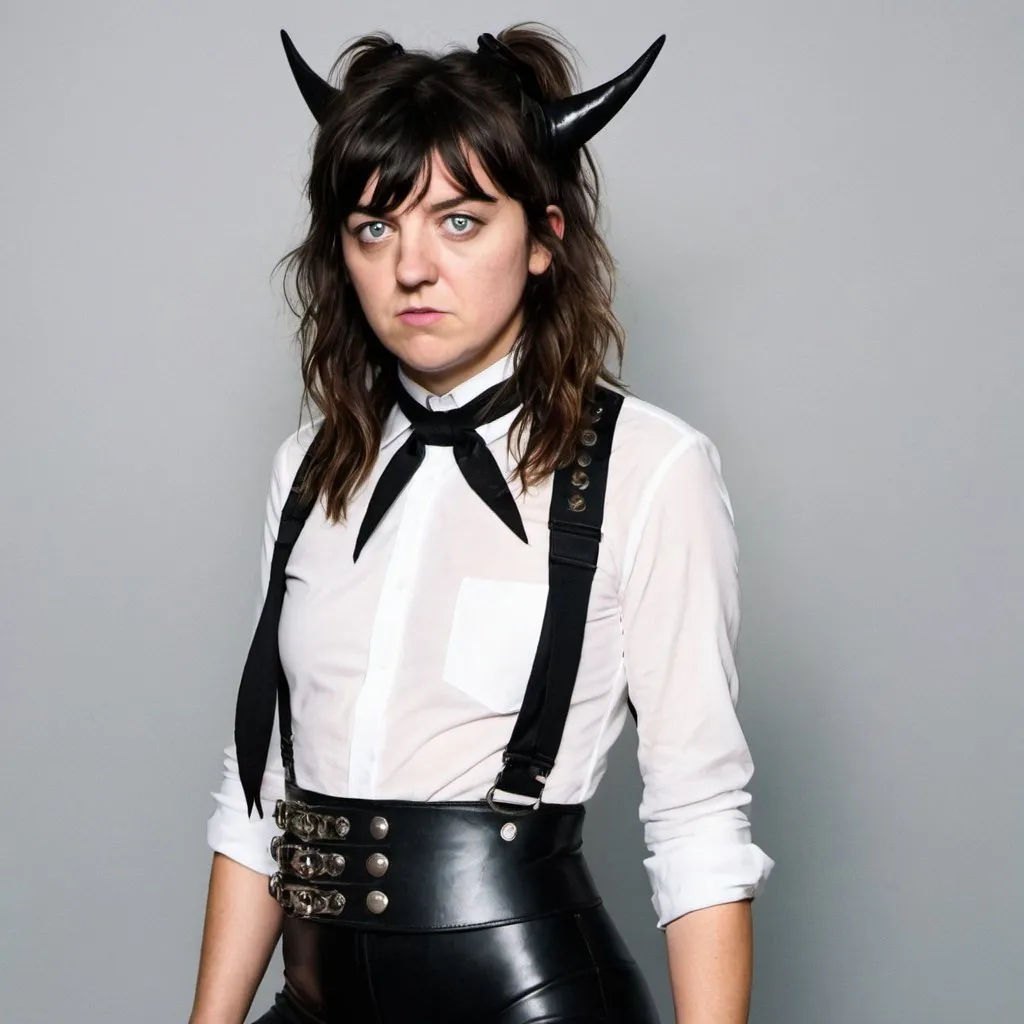 Prompt: courtney barnett dressed as a dominatrix with a high long ponytail hairstyle 