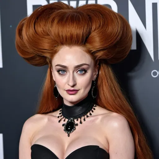 Prompt: sophie turner dressed as elvira mistress of the dark with a massive bouffant beehive hairstyle 