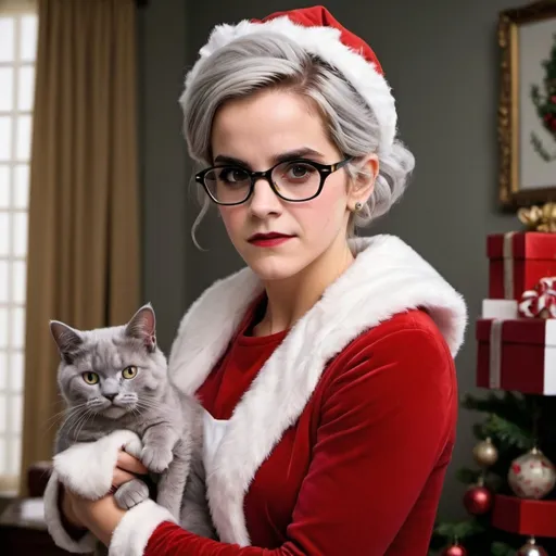 Prompt: Emma Watson as a old granny woman, big pointed nose, grey big bouffant updo hair, cat eye glasses, dressed as mrs claus, heavy makeup, high heels, wrinkles, chubby, full body