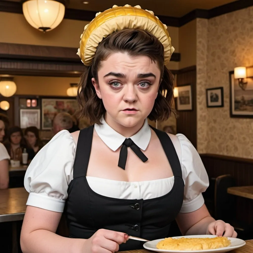 Prompt: Maisie Williams a overweight bbw chubby waitress, wearing waitress outfit, giant bouffant beehive hairstyle, makeup, photo style, detailed face, full body