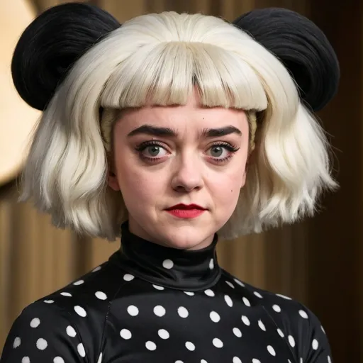 Prompt: maisie williams dressed as cruella deville from 101 dalmations with a massive beehive hairstyle