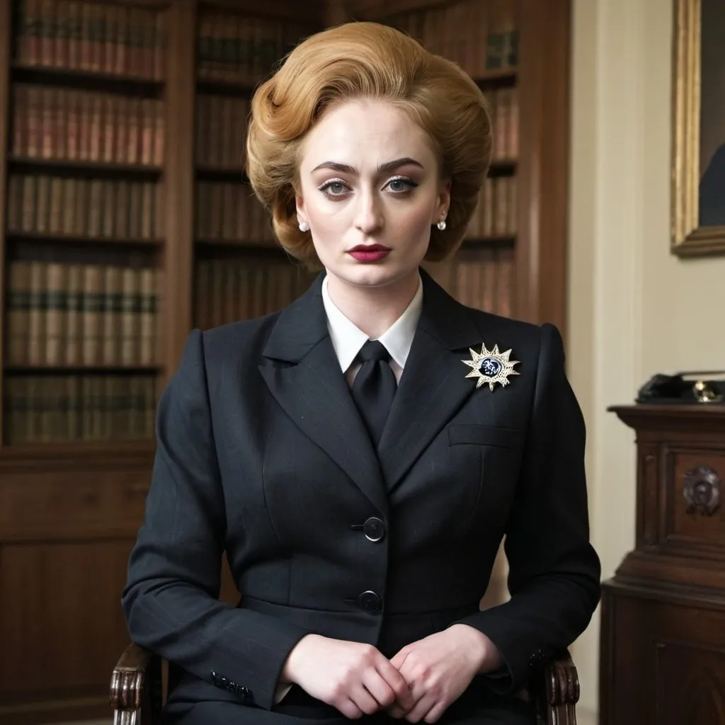 Prompt: Sophie Turner dressed as Margaret thatcher