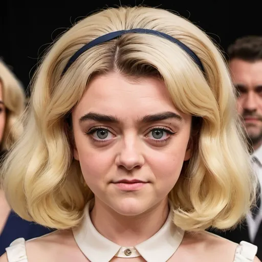 Prompt: Maisie Williams dressed as stepford wife with massive bouffant beehive long blonde hair