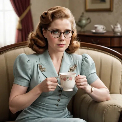 Prompt: Amy Adams a 1940s woman, with a pincurl hairstyle, wearing 1940s dress, cateye glasses, holding a cup of tea, sitting on a sofa, photo style, detailed face