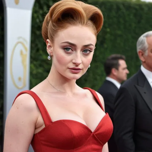 Prompt: Sophie Turner a old stepford wife woman, with a big bouffant beehive hairstyle, wearing form fitting red dress, photo style, detailed face