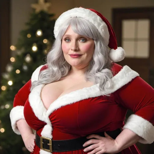 Prompt: Bryce Dallas Howard dressed as bbw chubby mrs claus Woman, white hair