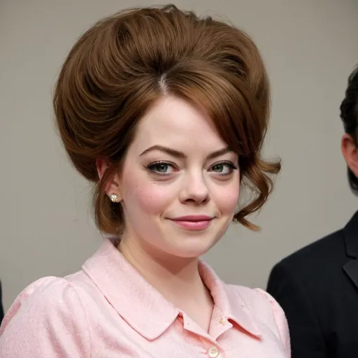 Prompt: emma stone dressed as Tracy Turnblad with a big bouffant beehive hairstyle
