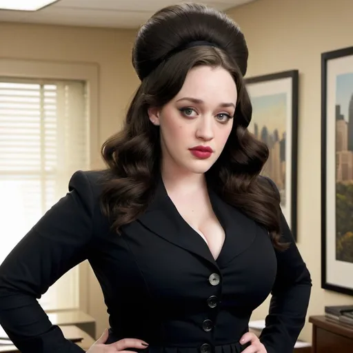 Prompt: Kat Dennings a overweight secretary, wearing dress suit with a skirt outfit, giant bouffant beehive hairstyle, makeup, photo style, detailed face, full body