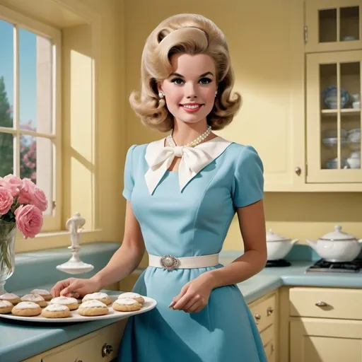 Prompt: A quintessential Stepford wife from the 1960s, embodying the idealized perfection of suburban domesticity. She stands in the center, her figure a study in curvaceous elegance, with a blonde bouffant beehive hairstyle that soars to impossible heights and is meticulously styled to maintain its voluminous shape. The hair, a cascade of golden curls, is so vivid it seems to be illuminated from within, casting a warm glow upon her flawless complexion. Her eyes are a piercing shade of blue, framed by immaculately applied winged eyeliner and long, curled lashes that bat in unison with her serene smile. She wears a tailored pink dress that accentuates her hourglass figure, cinched at the waist by a slim black belt adorned with a silver buckle. The dress falls to just above her knees, revealing her pristine white pumps and matching pearls that encircle her neck. In her right hand, she holds a perfectly folded apron, the strings tied into a neat bow, while her left hand gracefully extends to hold a tray of freshly baked cookies. The setting is a pristine kitchen, with gleaming chrome appliances and a vibrant Formica countertop that complements the pastel color scheme. The background is a mural of a picturesque garden, with a window framing a cloudless blue sky. The scene is suffused with an eerie perfection, the Stepford wife's stance slightly too rigid, her smile a tad too wide, hinting at the underlying artificiality of her existence. Yet, the allure of the vintage aesthetic and the impeccable detail of her presentation draw the viewer into a world of retro charm and unsettling beauty.