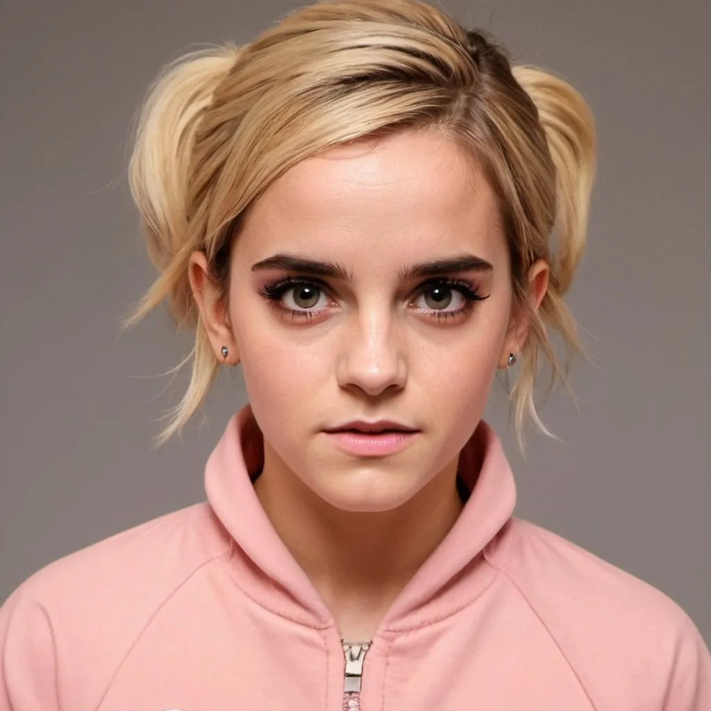 Prompt: Emma Watson as a chav woman, messy bunbleach blonde hair with dark roots, pouting lips, fake orange tan, pink tracksuit, thick pink makeup, fake eyelashes, eyeshadow, 
