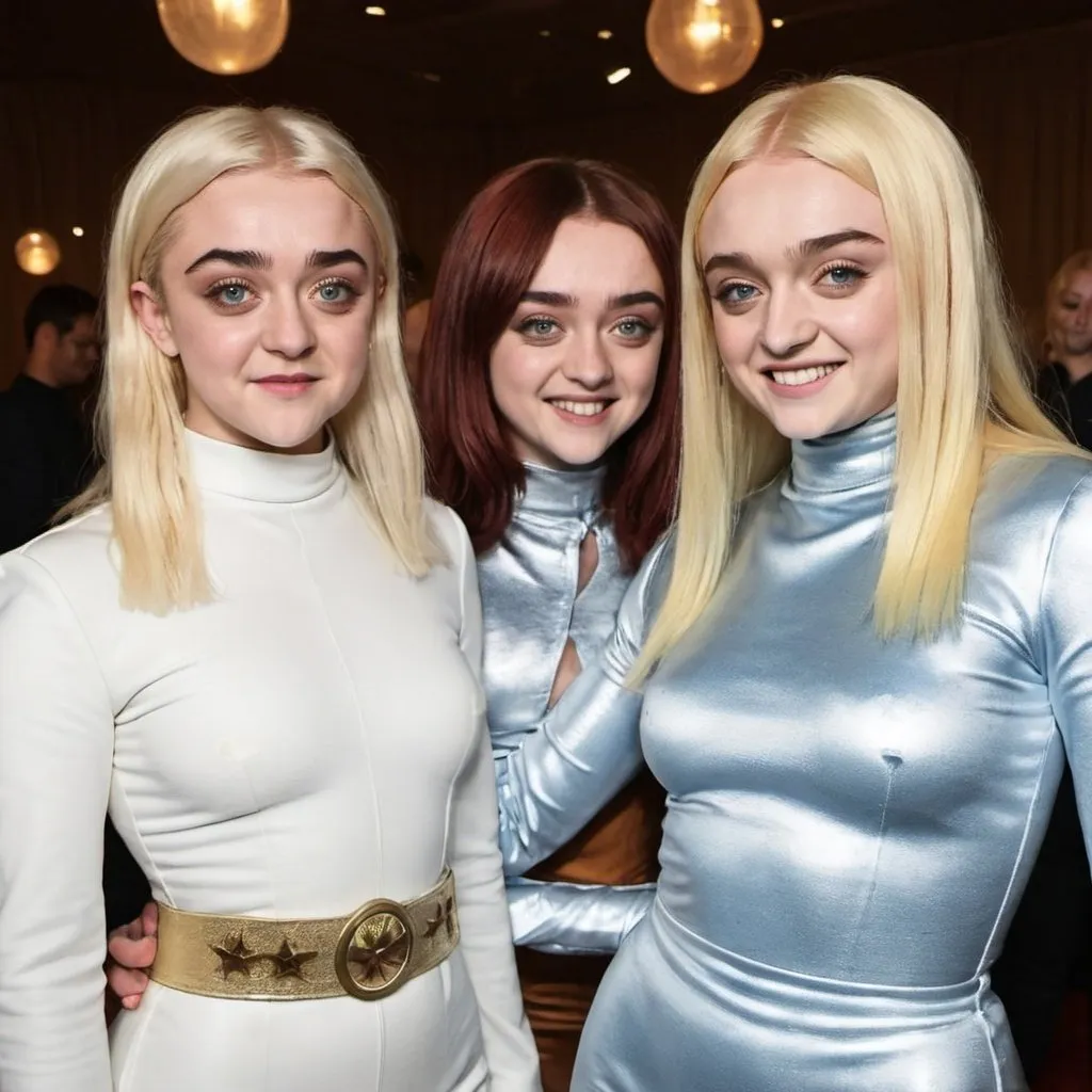 Prompt: Maisie Williams and sophie turner dressed as ABBA