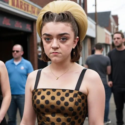 Prompt: setting, a new jersey street, Maisie Williams dressed as a jersey woman, with a massive bouffant beehive hairstyle, wearing tight dress, holding a cigarette, live photo, detailed face
