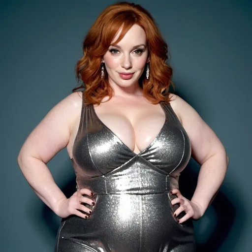Prompt: fat Christina Hendricks, chubby body, plump bbw, long hair, big chest, wearing a sparkly jumpsuit