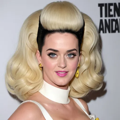 Prompt: katy perry dressed as stepford wife with massive bouffant beehive long blonde hair
