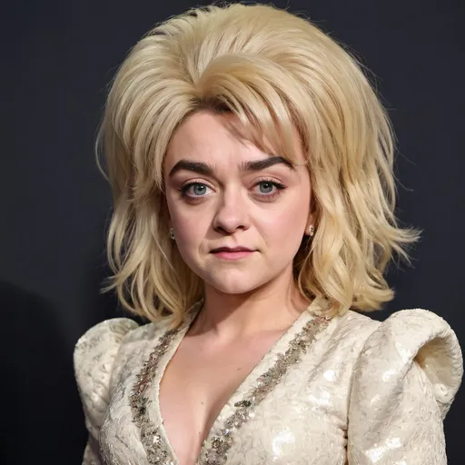 Prompt: Maisie Williams dressed as Dolly Parton with big bouffant hair