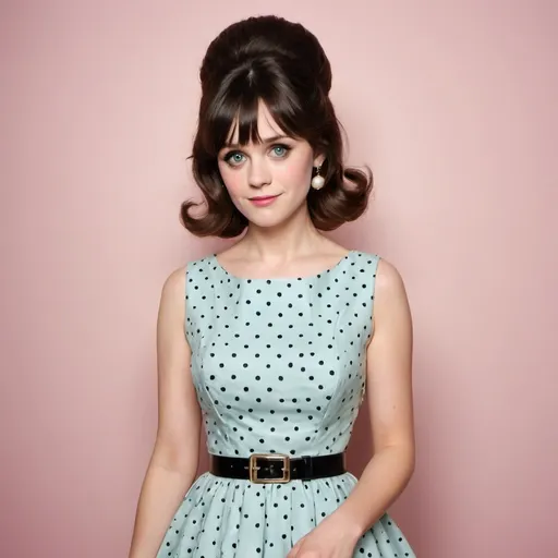 Prompt: A stunning Zooey Deschanel channelling a 1960s vibe, her iconic doe eyes accentuated by dramatic winged eyeliner and rosy cheeks. She is dressed in a vintage A-line dress with a playful polka-dot pattern, cinched at the waist by a thin, black patent leather belt. The pièce de résistance is her massive bouffant beehive hairstyle, teased to gravity-defying heights and sprayed to perfection with a sheen that gleams under the retro-inspired, soft pink spotlight. Each curl and strand is meticulously placed, creating a voluminous silhouette that screams 1960s glamour. She holds a dainty, lace-gloved hand atop her hairstyle, her fingers adorned with pastel pearls. The background is a blur of pastel colors, reminiscent of a vintage photograph, with a hint of a jukebox and a soda fountain, setting the scene for a whimsical flashback. Her signature bangs peek out from the side, adding a modern twist to the classic look. A radiant smile graces her lips, as if she's just stepped out of a time machine and is thrilled to embrace the fun and youthful spirit of the era. The ensemble is completed with a pair of kitten heels and a small clutch purse that matches the dress. Zooey's transformation is so convincing that it's as if she has been plucked straight from a '60s fashion magazine, bringing the charm of the past into the present.