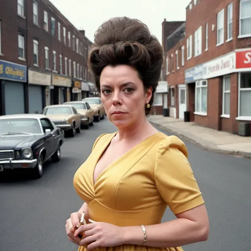 Prompt: setting, a new jersey street, olivia coleman dressed as a jersey woman, with a massive bouffant beehive hairstyle, wearing tight dress, holding a cigarette, live photo, detailed face
