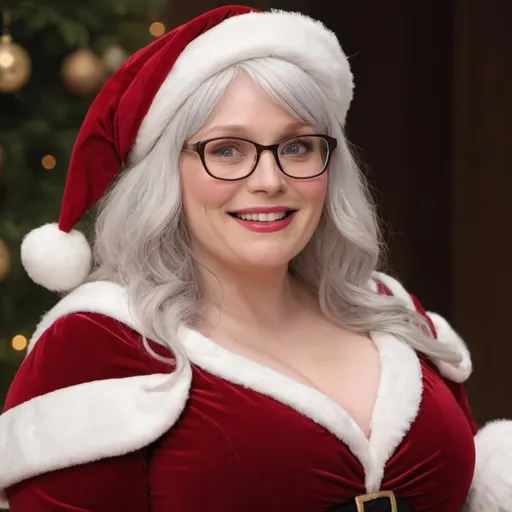 Prompt: Bryce Dallas Howard dressed as bbw chubby mrs claus Woman, white hair, glasses