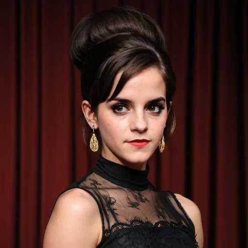 Prompt: Emma Watson channeling the iconic look of Amy Winehouse, sporting a meticulously crafted bouffant beehive hairstyle that towers with the same voluminous grandeur as the late singer's signature 'do. The deep, dark brown locks are teased and piled high, with an elegant sweep of the hair framing her face. Watson's eyes are lined with thick, winged eyeliner that extends into dramatic cat-eyes, reminiscent of the soulful stare that captivated audiences during Winehouse's performances. Her full, red-painted lips are parted slightly, revealing a playful yet sultry expression. She's dressed in a 1960s-inspired ensemble, including a tight, black turtleneck top and a short, flared skirt that showcases her toned legs. Above her elbow-length, white, lacy gloves, Watson's bare arms are adorned with tattoos and a collection of chunky, gold bangle bracelets, mirroring Winehouse's edgy accessory style. The background is a moody, dimly lit stage with a single spotlight illuminating her from above, casting deep shadows that enhance the retro vibe. The floorboards underfoot appear aged and distressed, adding to the authenticity of the homage. The overall effect is a striking transformation, as Watson embodies the soulful spirit and captivating presence of the legendary artist, paying tribute to her unique fashion and music legacy.