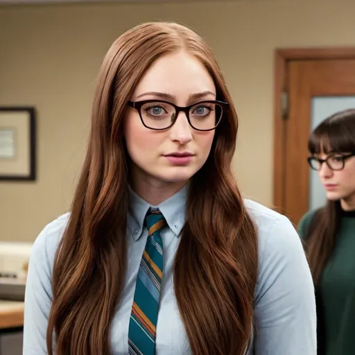 Prompt: Sophie Turner dressed as Amy Farrah Fowler, brown hair, glasses