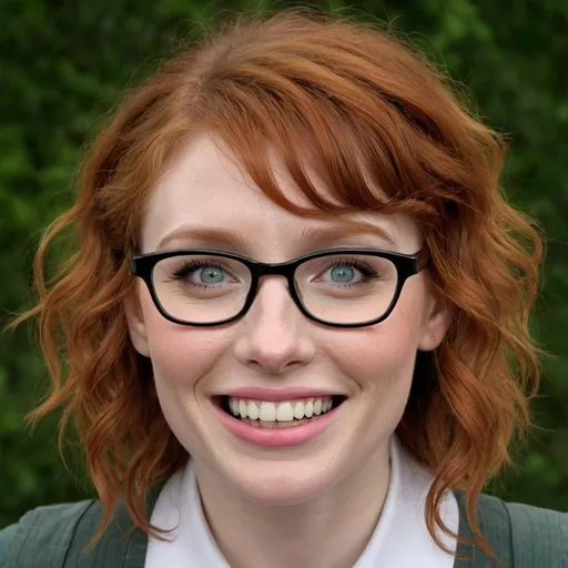 Prompt: Bryce Dallas Howard as a nerd woman with wild frizzy hair, buck teeth, glasses, acne