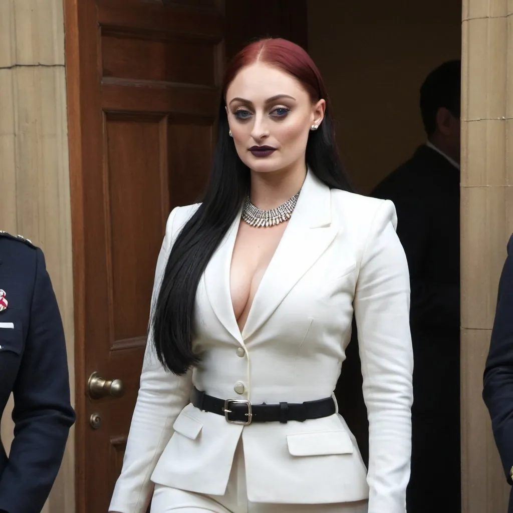 Prompt: Sophie Turner dressed as priti Patel