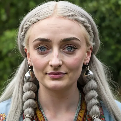 Prompt: sophie turner dressed as an old hippie woman with grey bouffant pigtail hair with bangs