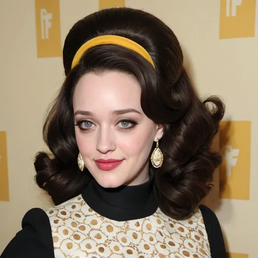 Prompt: Kat dennings dressed as a 1960's woman with big bouffant beehive hair