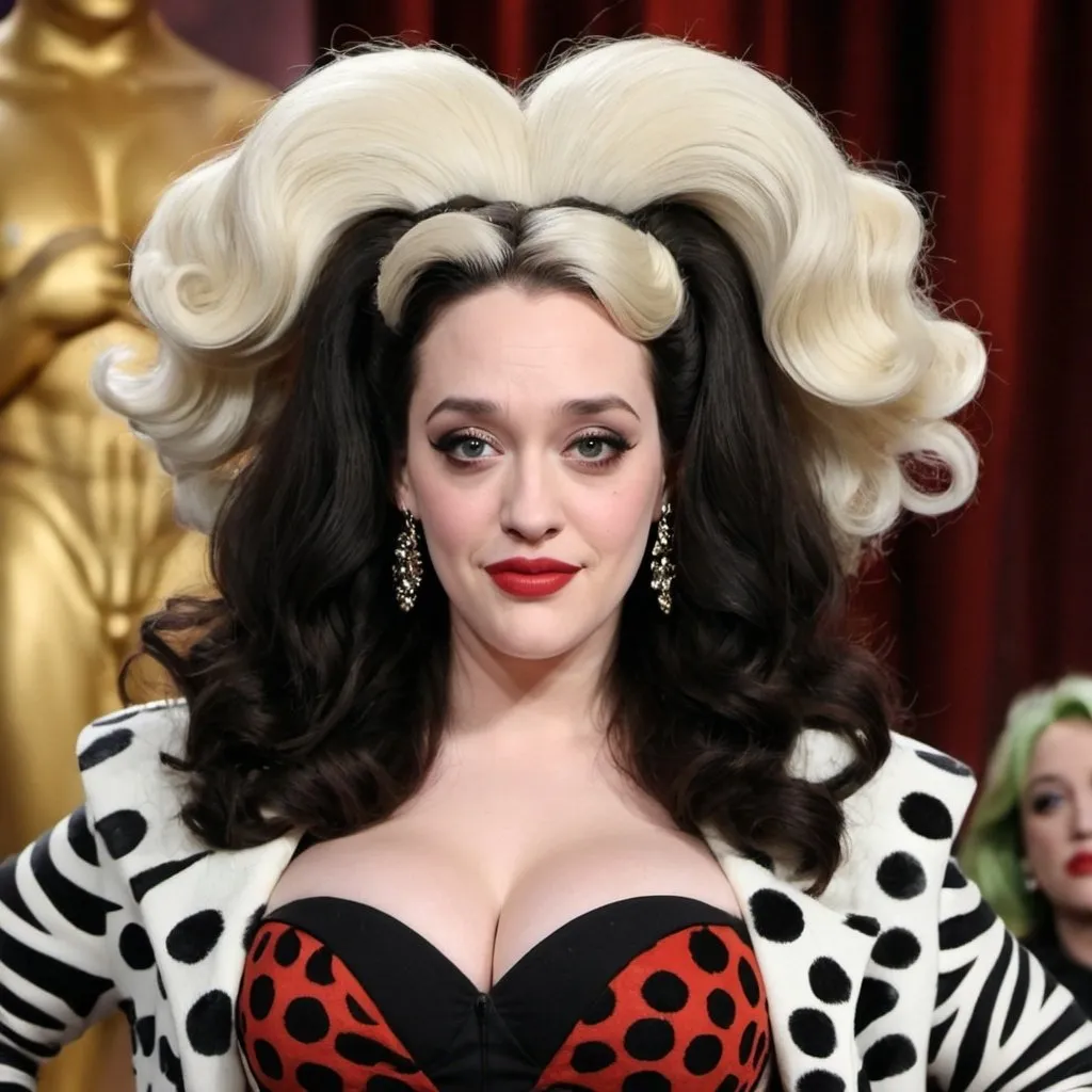 Prompt: Kat Dennings dressed as Cruella Deville with big bouffant beehive hair