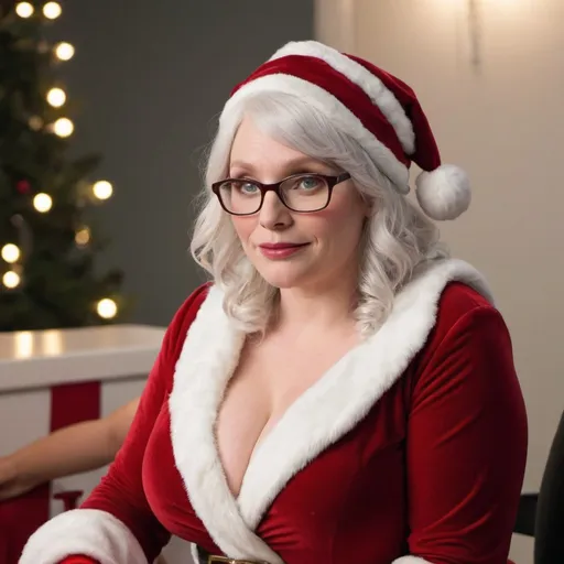 Prompt: Bryce Dallas Howard dressed as bbw chubby mrs claus Woman, white hair, glasses