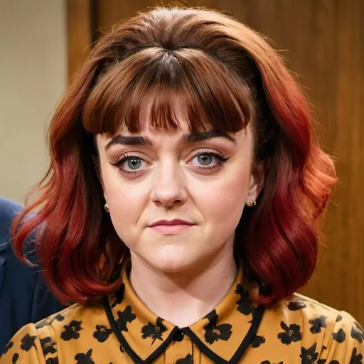 Prompt: Maisie Williams dressed as peggy bundy with big bouffant beehive long hair