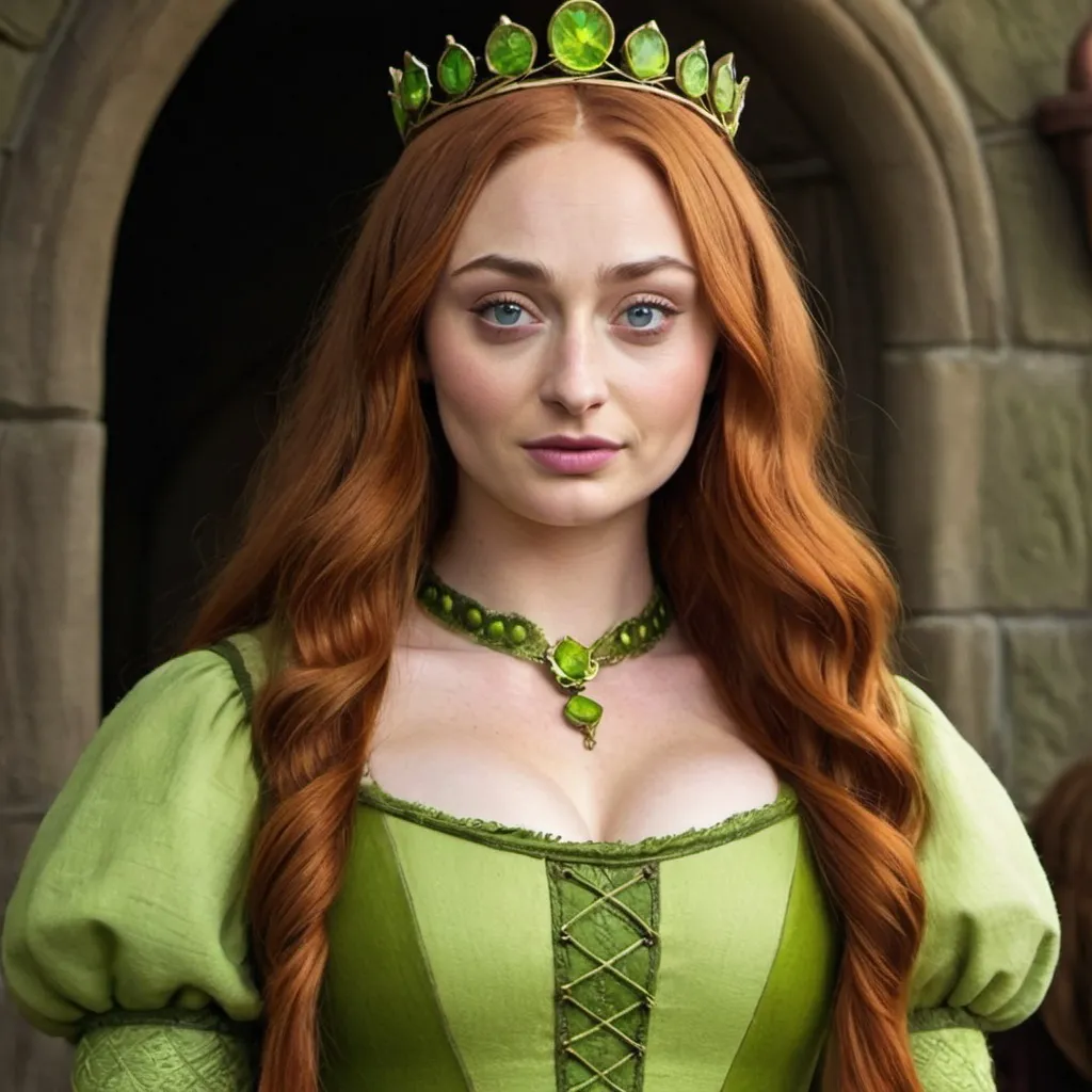 Prompt: Sophie Turner dressed as Princess Fiona From shrek ogre