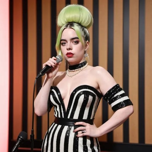 Prompt: Billie Eilish dramatically transformed into a 1960s Motown diva, exuding an unmistakable aura of vintage glamour. She's dressed in a figure-hugging, floor-length gown that sparkles with sequins under the soft spotlight, the fabric a stunning contrast of black and white vertical stripes reminiscent of the era's mod fashion. The gown's neckline plunges in a elegant yet daring V, adorned with pearls that draw the eye to her cinched waist. Billie's iconic bouffant beehive hairstyle is reimagined with a modern twist, standing tall and proud as a structured masterpiece of teased and curled locks. The hair is piled high, with a perfectly symmetrical frame around her face, which is enhanced by bold winged eyeliner and rosy red lips that pop against her pale skin. She holds a vintage microphone, her hand cocked to the side with a touch of sass, as if in the midst of belting out a soulful tune. The background is a stylized set of a retro recording studio, with soundproof panels in pastel hues and vintage audio equipment, creating a time-warped atmosphere. The image captures Billie's youthful beauty in a timeless setting, paying homage to the powerful female voices that dominated the Motown sound while simultaneously infusing it with her unique, edgy flair.