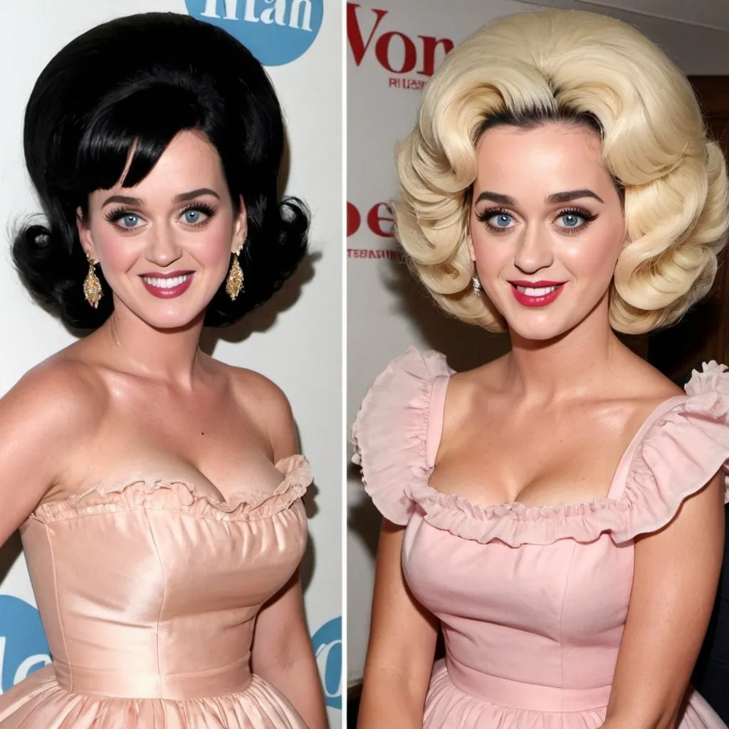 Prompt: Katy Perry conservative housewife in a kitchen, dazed smile, tan skin, wearing a poofy modest frilly dress, lipstick, eyeshadow, huge bouffant 1960s hair, before and after