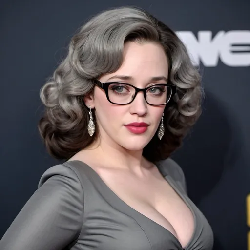 Prompt: kat dennings dressed as sultry mature old woman with wrinkles wearing a tight dress, curvy body, glasses, grey big bouffant beehive hair