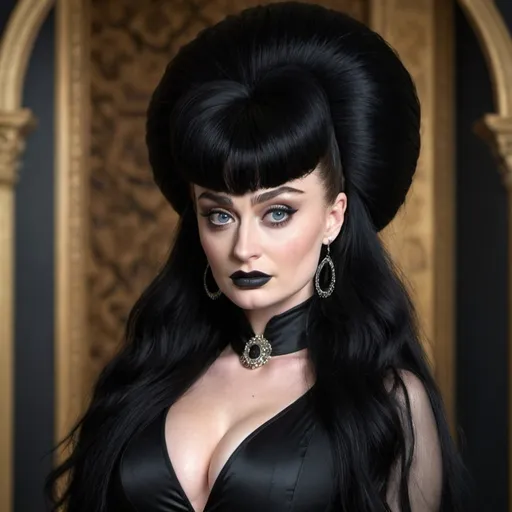 Prompt: sophie turner Dressed as Elvira Mistress of the dark, Big bouffant Beehive black hair