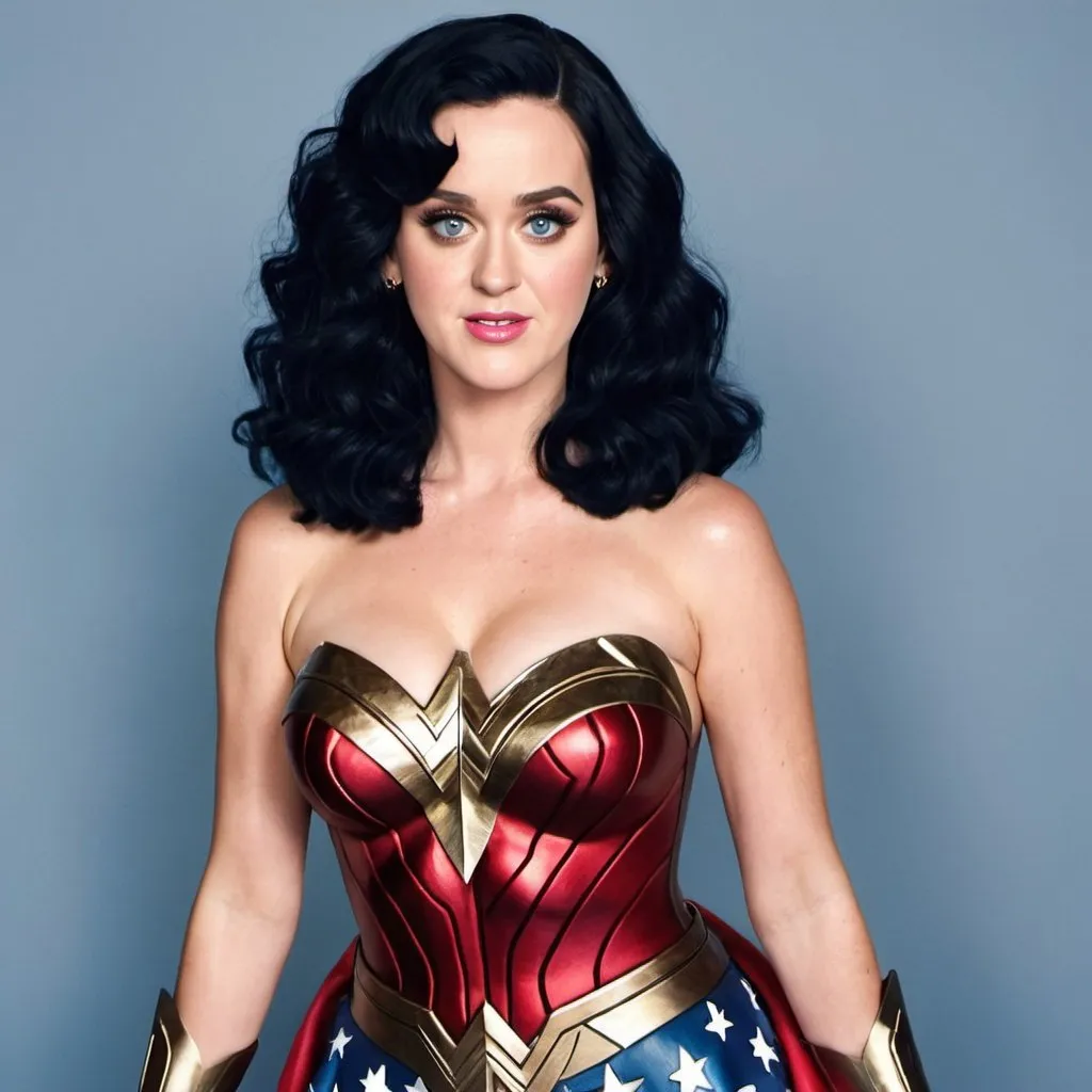 Prompt: Katy Perry dressed as Wonder Woman  with big bouffant black hair