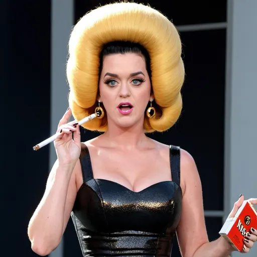 Prompt: setting, a new jersey street, Katy Perry dressed as a jersey woman, with a massive bouffant beehive hairstyle, wearing tight dress, holding a cigarette, live photo, detailed face
