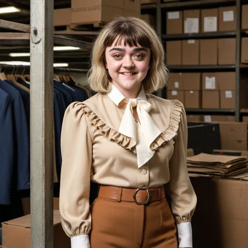 Prompt: maisie williams Smiling heavy woman with large thighs with a blonde mullet shag with bangs beige and brown comtrasting ripped up and 
worn out 1970's double knit polyester three piece vested matching  business suit with poofy wide shoulder pads, very wide collar, wide lapels, blouse with a very wide 1970s frilly ascot neckerchief in an old warehouse