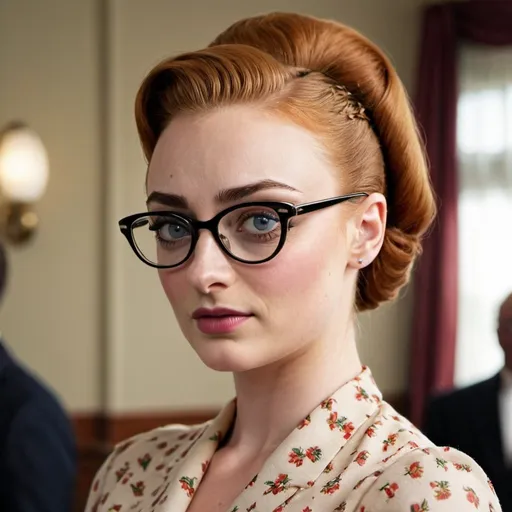Prompt: Sophie Turner a 1950s woman, with a beehive hairstyle, wearing 1950s dress, cateye glasses, photo style, detailed face