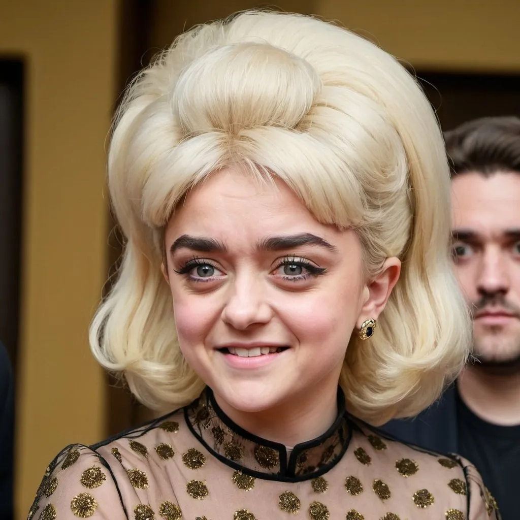 Prompt: Maisie Williams dressed as barbara windsor with big bouffant beehive long hair