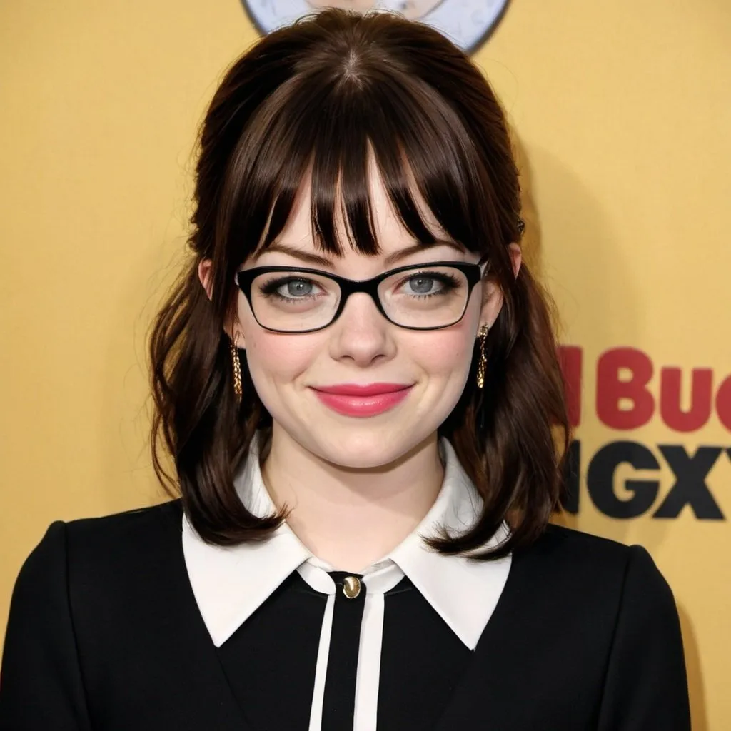 Prompt: emma stone dressed as ugly betty black hair with bangs

